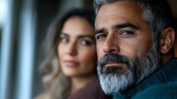 Mature bearded man with gray hair and young woman with long wavy blonde hair looking thoughtfully through window in dramatic lighting, close-up portrait.