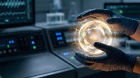 Technician wearing black gloves holding glowing digital sphere in modern laboratory with computer monitors and data displays, representing innovation, technology research, and scientific advancement.