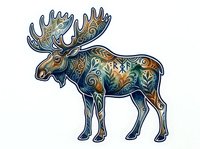 Ornate moose with decorative mandala patterns and intricate floral designs in gold, blue, and earth tones, isolated on white background for design projects.
