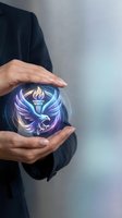 Businessman hands protecting glowing phoenix torch symbol in energy sphere representing leadership, innovation and corporate transformation concepts.