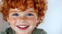 Cheerful young child with bright red curly hair, freckles and blue eyes wearing olive green shirt smiling at camera against light background.