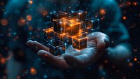 Hand holding glowing digital cube with network connections representing blockchain technology, data visualization and futuristic innovation concepts.