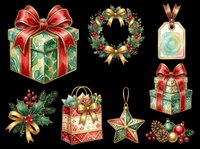 Festive holiday decorations collection featuring wrapped gifts, wreaths, ornaments, and seasonal embellishments isolated on transparent background. Ready for t-shirt designs, clipart, stickers, print-on-demand products, and sublimation projects.