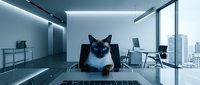 Siamese cat sitting at modern office desk with computer in contemporary workplace with city skyline view through large windows for business humor concepts.