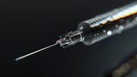 Medical syringe with needle closeup on dark background, healthcare equipment for vaccination and injection, modern medical technology concept.