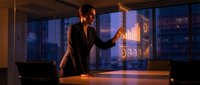 Professional businesswoman analyzing holographic financial data and charts in modern office during evening hours for strategic planning and decision making.