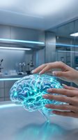 Female hands protecting glowing digital brain hologram in modern laboratory setting for neuroscience research and artificial intelligence concepts.