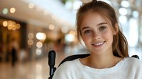Young blonde woman in wheelchair smiling warmly at camera in modern bright interior space with soft bokeh lighting background for accessibility concepts.