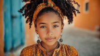 Young African girl with curly hair wearing traditional orange headband and clothing smiling at camera in colorful street setting for cultural diversity content.