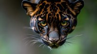Clouded leopard portrait with intense golden eyes and distinctive spotted coat pattern against blurred green background for wildlife photography projects.