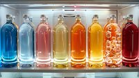 Colorful glass bottles filled with various beverages arranged in rainbow spectrum order on refrigerator shelf, perfect for beverage marketing, drink menu design, or lifestyle content creation.