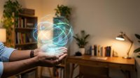 Hands holding glowing digital sphere with atom structure in modern office workspace with plants and warm lighting for technology and innovation concepts.