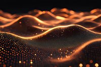 Abstract digital waves with glowing orange particles flowing in dark space, creating dynamic network visualization with bokeh light effects and depth perspective.