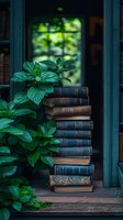 Stack of vintage leather-bound books on wooden windowsill with lush green plant leaves, creating atmospheric composition against blurred window background.