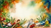 Watercolor cooking scene with fresh vegetables, herbs, kitchen utensils, and ingredients arranged around central white space. Ideal for culinary blogs, recipe websites, food packaging, and restaurant menus.
