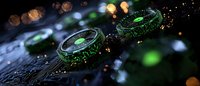Magical glowing green wedding rings floating with sparkles and bokeh effects on dark reflective surface, romantic fantasy jewelry concept for marriage proposal.