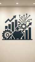 Modern office wall art featuring financial growth charts, gears, circuit patterns and piggy bank symbolizing business success and digital transformation.