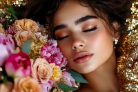Young woman with closed eyes and natural makeup surrounded by pink and peach roses against golden bokeh background, expressing serenity and romance.