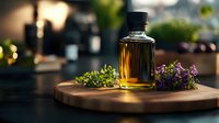 Glass bottle with golden liquid on wooden board surrounded by fresh herbs and purple flowers in moody lighting, styled for wellness and aromatherapy marketing.