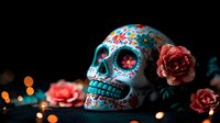 Decorative sugar skull with floral patterns and pink roses on dark background with bokeh lights, celebrating Day of Dead traditions and Mexican folk art culture.