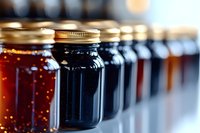 Glass jars with metal lids containing various colored liquids in red, amber, and dark tones, arranged in a row with selective focus for food, beverage, or laboratory concepts.