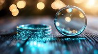 Glowing turquoise wedding rings on dark wooden surface with magical bokeh lights in background, romantic jewelry macro photography for wedding design.