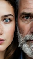 Split portrait showing young woman and mature man faces side by side representing aging process, generational differences, time passage concept for healthcare campaigns.
