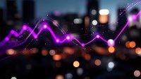 Glowing purple wave lines with sparkles and particles flow over blurred city night lights background, creating dynamic motion effect for business presentations.