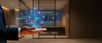 Professional businessman displaying holographic governance network with policy management and compliance monitoring concepts in modern office environment.