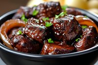 Glazed pork belly chunks in dark soy sauce with green onions garnish served in black ceramic bowl, close up view of Asian cuisine dish with caramelized meat.