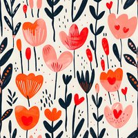 Romantic floral seamless pattern with pink and coral tulips, hearts, and navy leaves on light background. Folk art style botanical repeat design for fabric.