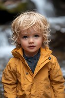 Adorable toddler boy with curly blonde hair wearing yellow winter jacket outdoors. Child portrait for family lifestyle and seasonal clothing concepts.