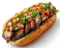 Grilled meat sandwich topped with fresh diced tomatoes, onions and chopped herbs on crusty baguette roll, garnished with green lettuce leaves.