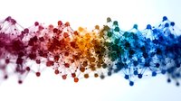 Colorful rainbow spectrum of molecular structures flowing horizontally on white background, representing scientific or chemical concept.