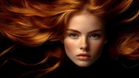 Young Caucasian woman with flowing red hair in motion against dark background for beauty and fashion concepts.