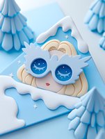 Whimsical winter character with starry blue sunglasses peeks through snowy window frame, surrounded by blue paper craft pine trees on pastel background.