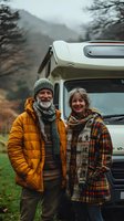Senior couple in warm winter clothing standing by their camper van in mountainous landscape during autumn season, enjoying retirement travel lifestyle.