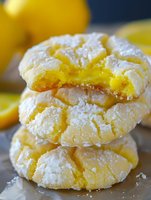 Homemade lemon crinkle cookies stacked with powdered sugar coating and bright yellow centers showing through cracked surfaces, fresh citrus dessert photography.