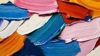 Vibrant oil paint strokes in blue, pink, orange, and white create dynamic textural layers with thick impasto technique, showing artistic brushwork movement and color harmony.