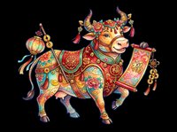 Festive ox decorated with traditional ornaments, lanterns, coins, and scroll, isolated on transparent background. Great for clipart, stickers, t-shirt design, print on demand.