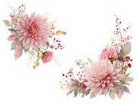 Pink dahlia floral corners with delicate berries and eucalyptus leaves on white background, isolated elements for wedding invitations and greeting cards.
