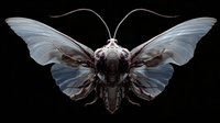 Detailed moth specimen with large pale blue wings and intricate anatomical structure displayed against black background, showcasing delicate wing patterns and body segments.