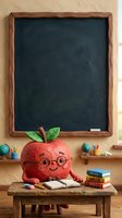 Animated red apple character wearing glasses sits at wooden desk below blank chalkboard with wooden frame, surrounded by colorful pencils, books, and school supplies in classroom setting.