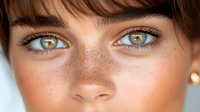 Close up portrait showing bright green eyes and natural freckles on fair skin with dark eyebrows and bangs, soft beauty lighting creates gentle shadows.