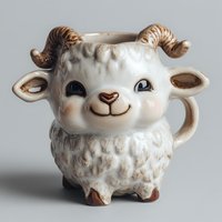 Adorable ceramic sheep mug with curly horns and fluffy texture, cute animal-shaped drinkware for coffee tea hot beverages, whimsical kitchen decor gift.