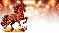 Ornate red horse with golden decorative patterns and flourishing mane against warm bokeh lights background for festive celebrations and luxury designs.