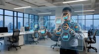 Professional businessman in suit touching digital analytics interface with hexagonal data visualization icons in modern office environment for business intelligence presentations.