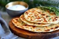Homemade naan bread with charred spots stacked on wooden board, fresh herbs and yogurt dip, selective focus on crispy flatbread texture and golden crust.