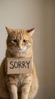 Orange tabby cat wearing cardboard sorry sign around neck expressing apology and regret on neutral background for pet behavior concepts.