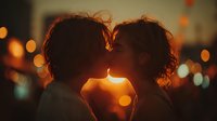 Romantic couple silhouette kissing at sunset with warm golden light and bokeh background creating intimate atmosphere for love and relationship concepts.